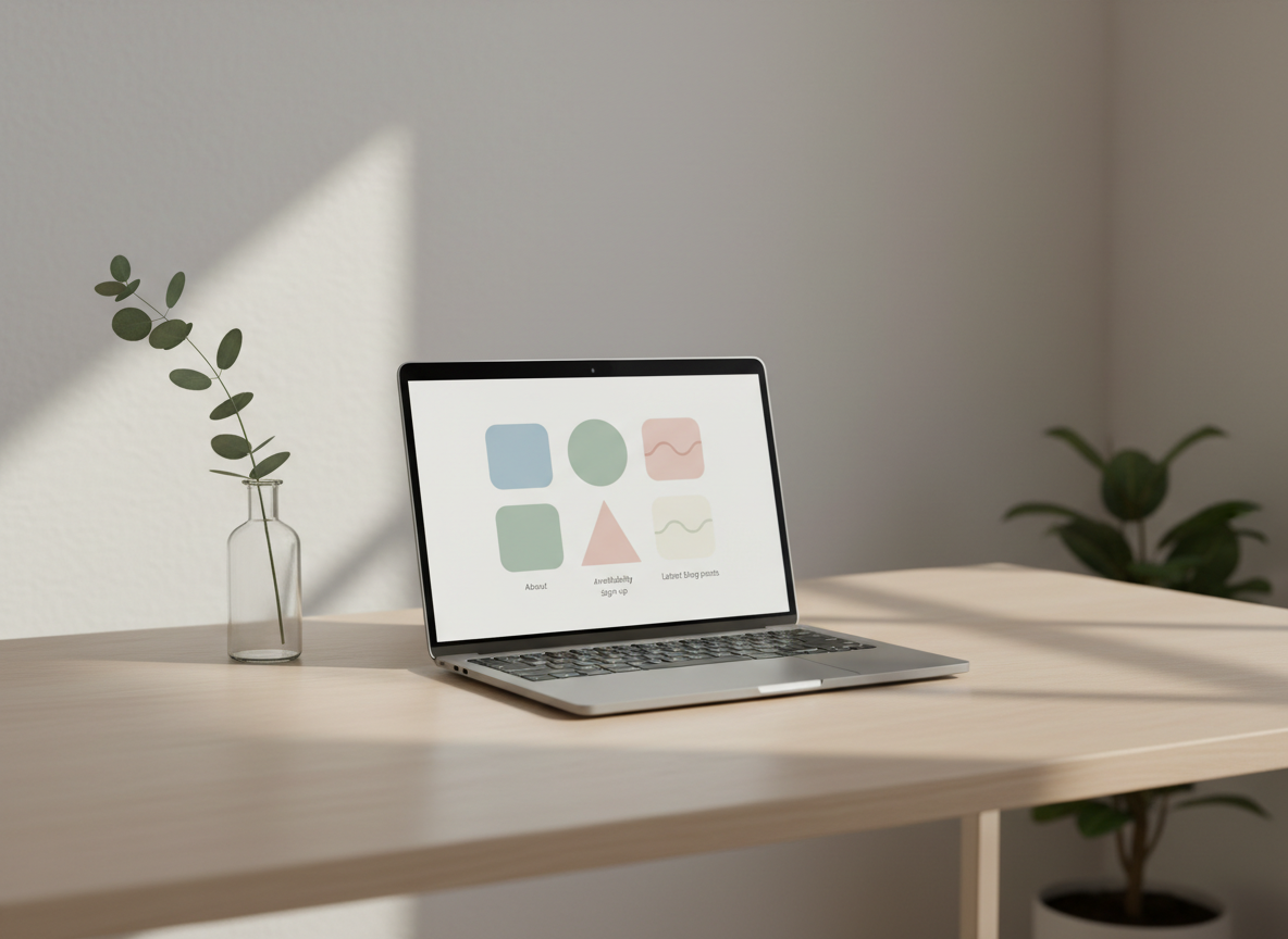 A clean, minimalist therapist’s workspace designed to represent Naomi Maslov, MSW’s professional profile. A slim, modern laptop sits slightly off-center on a pale wooden desk, its screen showing a simple dashboard with neatly arranged blocks for “About,” “MSW credentials,” “availability sign-up,” and “latest blog posts” represented as abstract shapes rather than text. A small, tasteful glass vase with a single eucalyptus stem rests in the top-left corner, balancing the composition. Soft, diffused daylight enters from an unseen window, creating gentle shadows and a calm, professional atmosphere. Photographic realism, eye-level angle, with a shallow depth of field that keeps the desk in crisp focus while the background fades into a soft, neutral blur, reinforcing clarity and trust.
