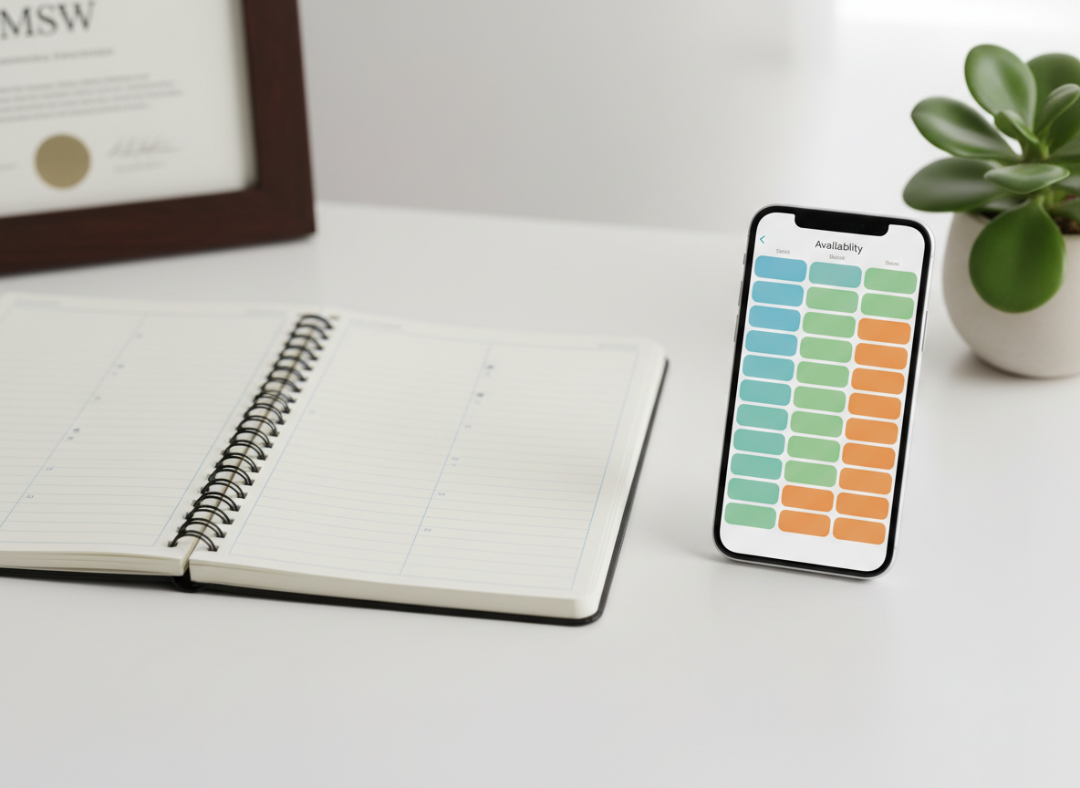 A clean, modern scheduling and resources scene suggesting therapy availability and organized care. On a bright white desk sits an open notebook planner with blank, neatly lined pages, a sleek smartphone showing a simplified availability calendar with colored blocks instead of text, and a subtle MSW-style diploma frame blurred in the background, top-left of the frame. A small potted plant with rounded green leaves adds life without clutter. Soft studio lighting from above and slightly to the right creates delicate reflections on the phone screen and planner spiral, maintaining a calm, professional mood. Photographic realism, shot from a slightly elevated angle with sharp focus on the phone and planner, while the background diploma and plant gently soften to suggest credible, thoughtful practice.