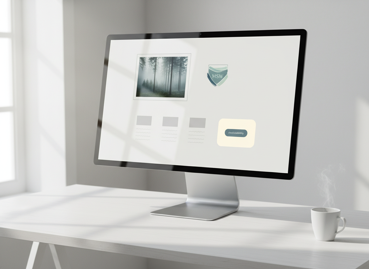 A serene, uncluttered home page layout concept rendered as a photographic desktop monitor on a white desk. On screen, a professional photo placeholder sits in the top-left, subtly bordered, with “MSW” implied through a small, abstract badge icon nearby. Below are three clean content cards symbolizing therapy blog posts, each with a grey block for an image and a few muted lines hinting at excerpts, without readable text. To the right, a softly highlighted “check availability” panel is suggested through a simple button-like shape. Natural, overcast window light washes the scene, producing tender reflections on the monitor and a calm, welcoming mood. Shot from a slightly elevated angle for a modern, professional aesthetic.