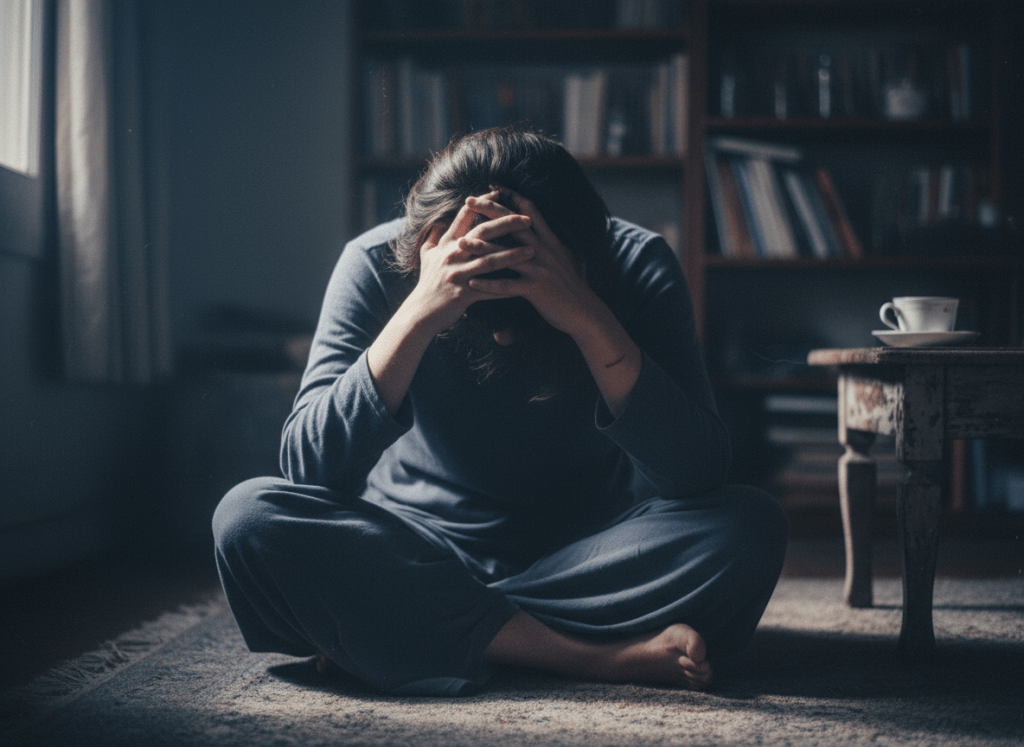 A person sitting with their hands pressed together, head bowed, looking inward — conveying the weight of suppressed or forbidden emotions. Moody, introspective, soft lighting. Mental health themed.